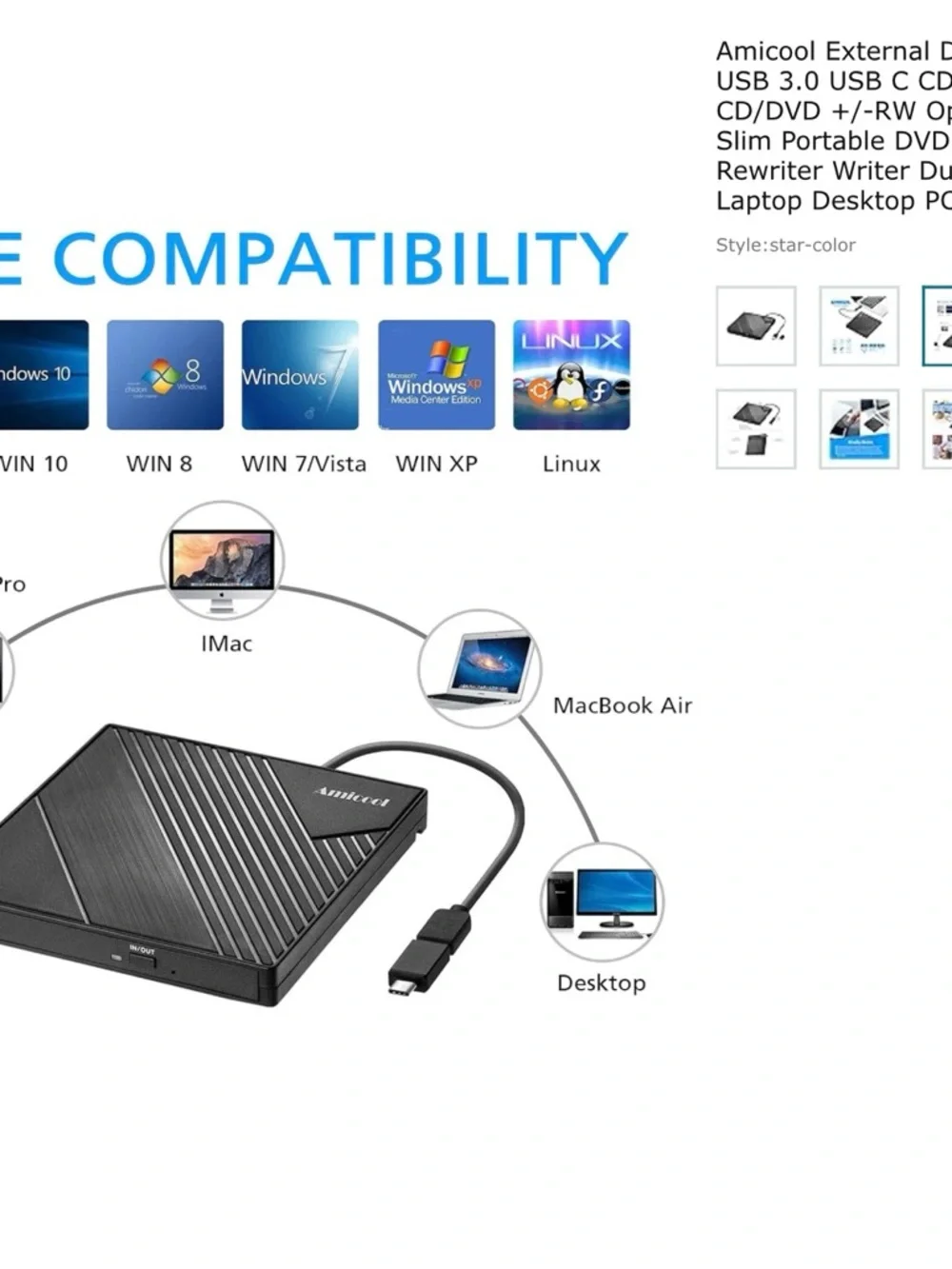 Amicool External USB Slim DVD/CD Drive - Black